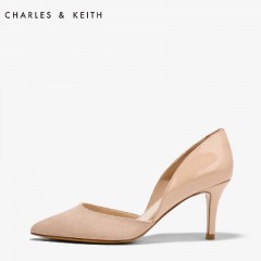 CHARLES＆KEITH高跟鞋CK1-60360888尖头女单鞋绒面漆皮拼接奥赛鞋